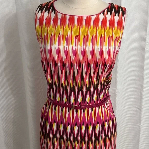 Roz & Ali Women's Sleeveless Round Neck Midi Vibrant Ikat Multicolor Dress Sz 16 - Picture 2 of 8